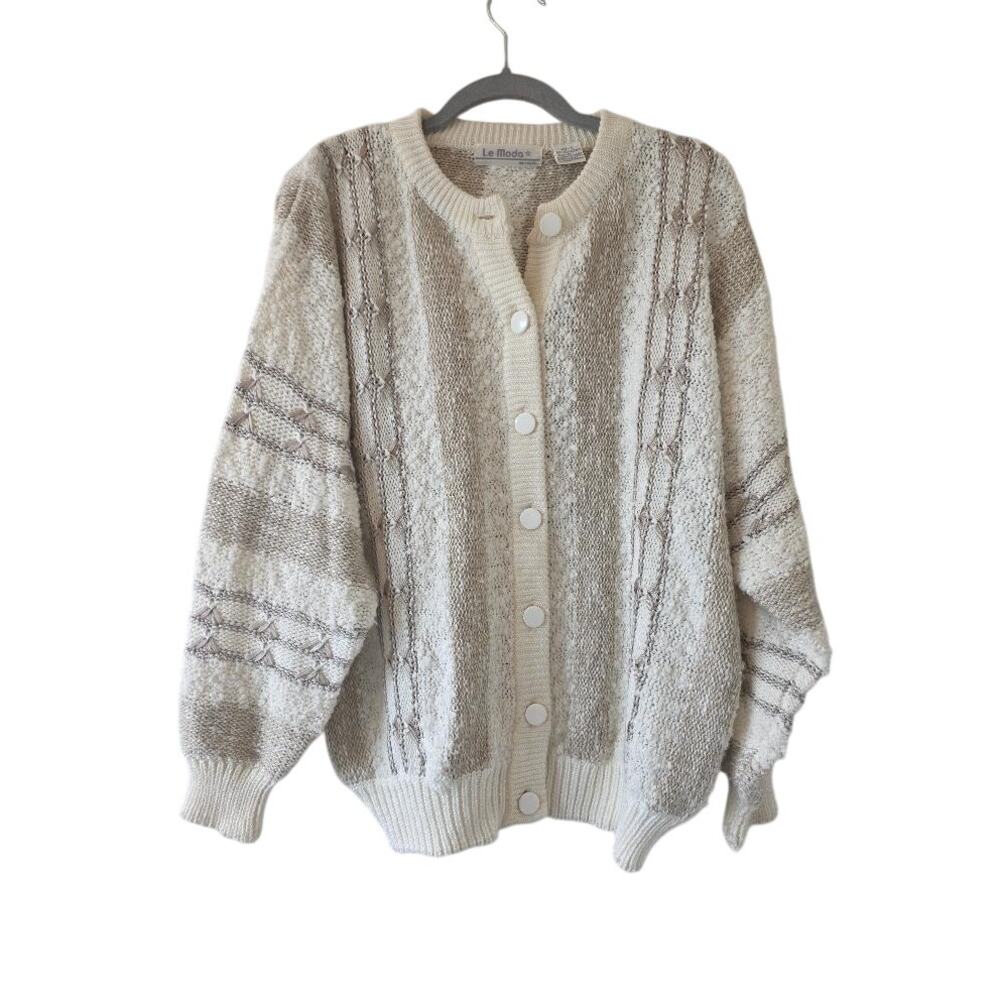 Le Moda Vintage Cardigan Large Cream Textured Chunky Knit Sweater